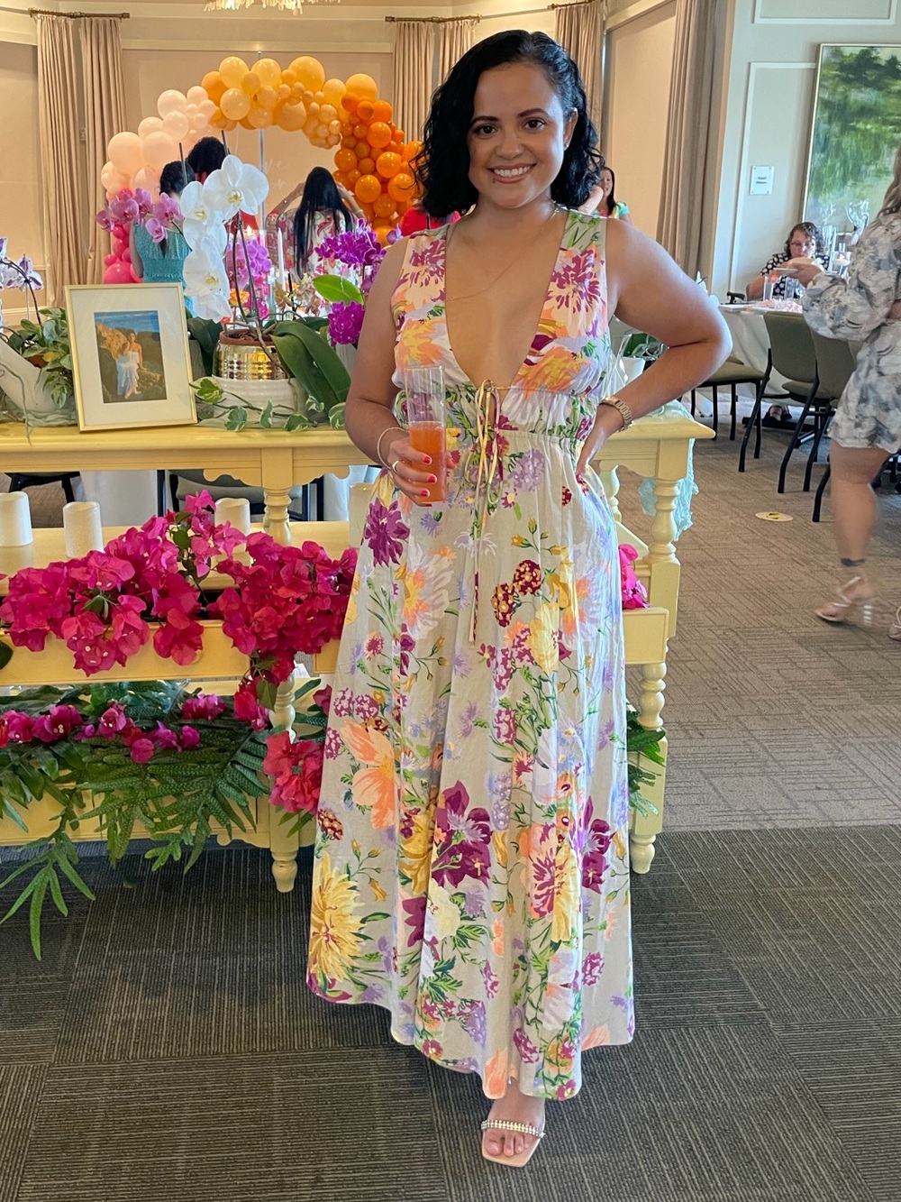H&M Floral Maxi Dress — White with Pink, Yellow & Green Accents
